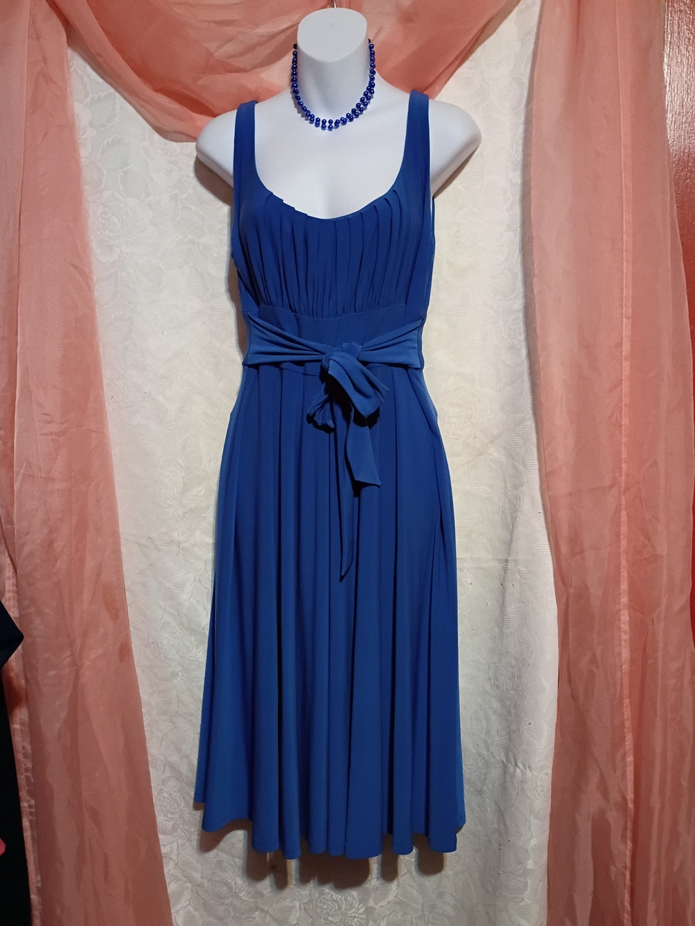 Chaps Ladies Sleeveless Midi Dress in Royal Blue with Self-Tie Waist Sz M